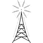 A black and white image of a radio tower.